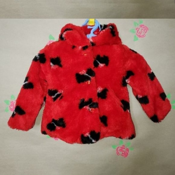B.T. KIDS RED WITH BLACK SPOTS FAUX FUR JACKET WITH SCOTTISH TERRIERS SIZE 3T - Picture 2 of 8